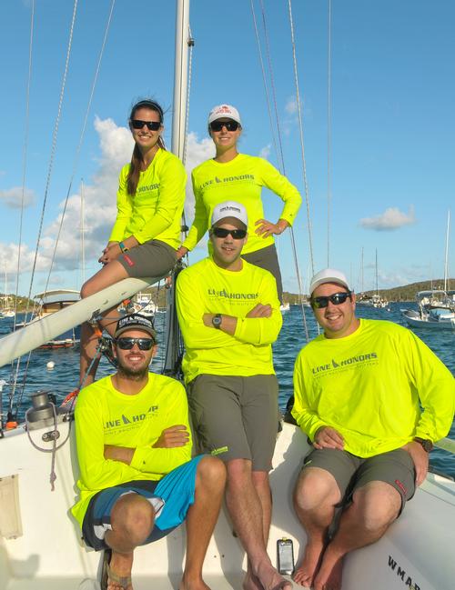 The USVI’s Taylor Canfield, number one ranked world match racer, returns home to fleet race in St. Thomas International Regatta in an IC-24. L to R:  Top: Taylor Ladd, Stephanie Roble, Bottom L to R: Taylor Canfield, Matt Clark and Mike Rehe © Christine Thompson